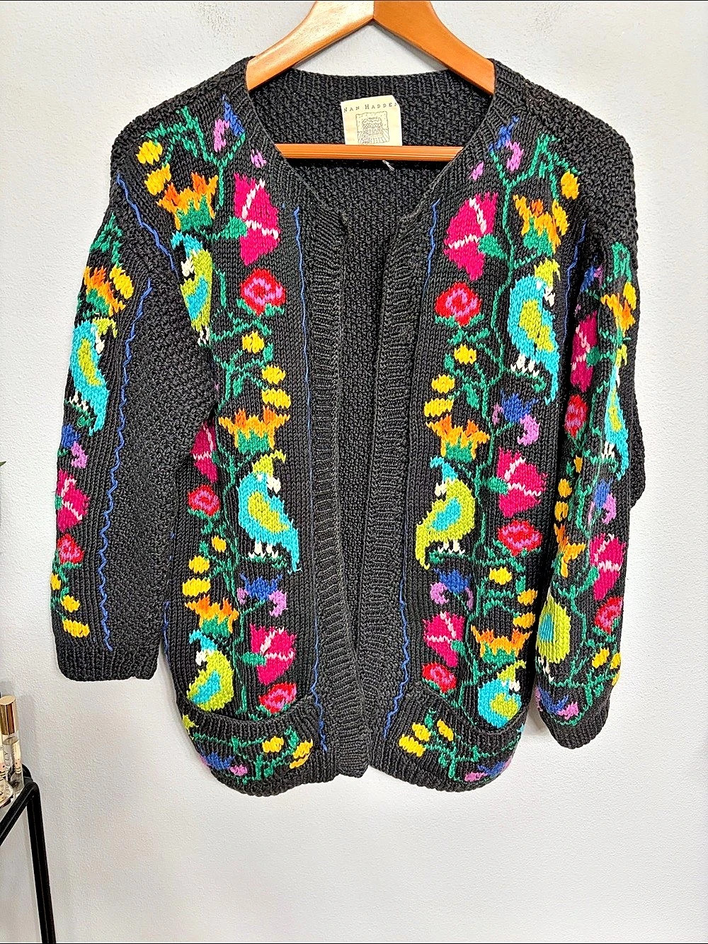 NAN HADDEN Floral Cotton Cardigan in Charcoal Gray & Multicolor Medium